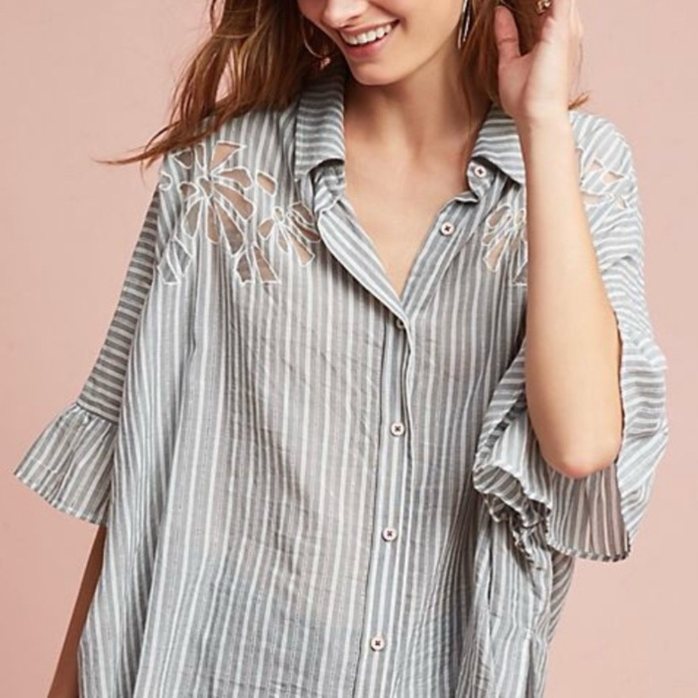 Anthropologie Gray Striped Floral Short Sleeve Oversized Buttondown Shirt L - Picture 11 of 13